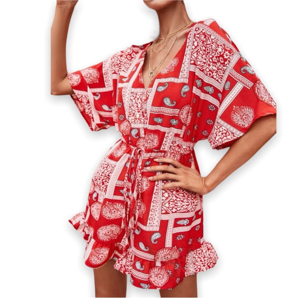 New Boho Red & White Scarf Print Batwing Sleeve Knot Front Ruffle Hem Romper